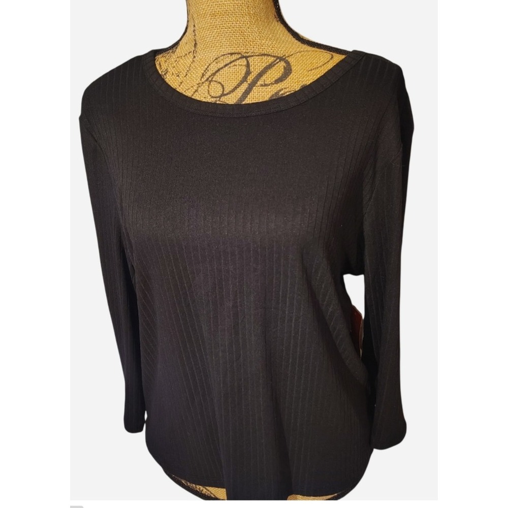 Adrienne Vittadini Sport Womens XL Black Ribbed Long Sleeve Crew Neck Top NWT